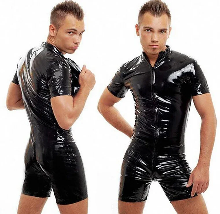 

Male PVC Leather Teddy Bodysuit Open Crotch Front Zipper Jumpsuit Fetish Latex Clubwear