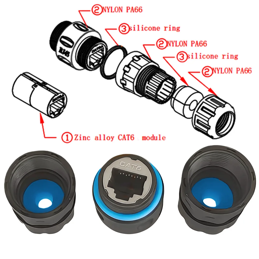كابل شبكة Cat6 M21 RJ45 موصل Cat6 مقاوم للماء IP68 8P8C محول مقرنة إيثرنت