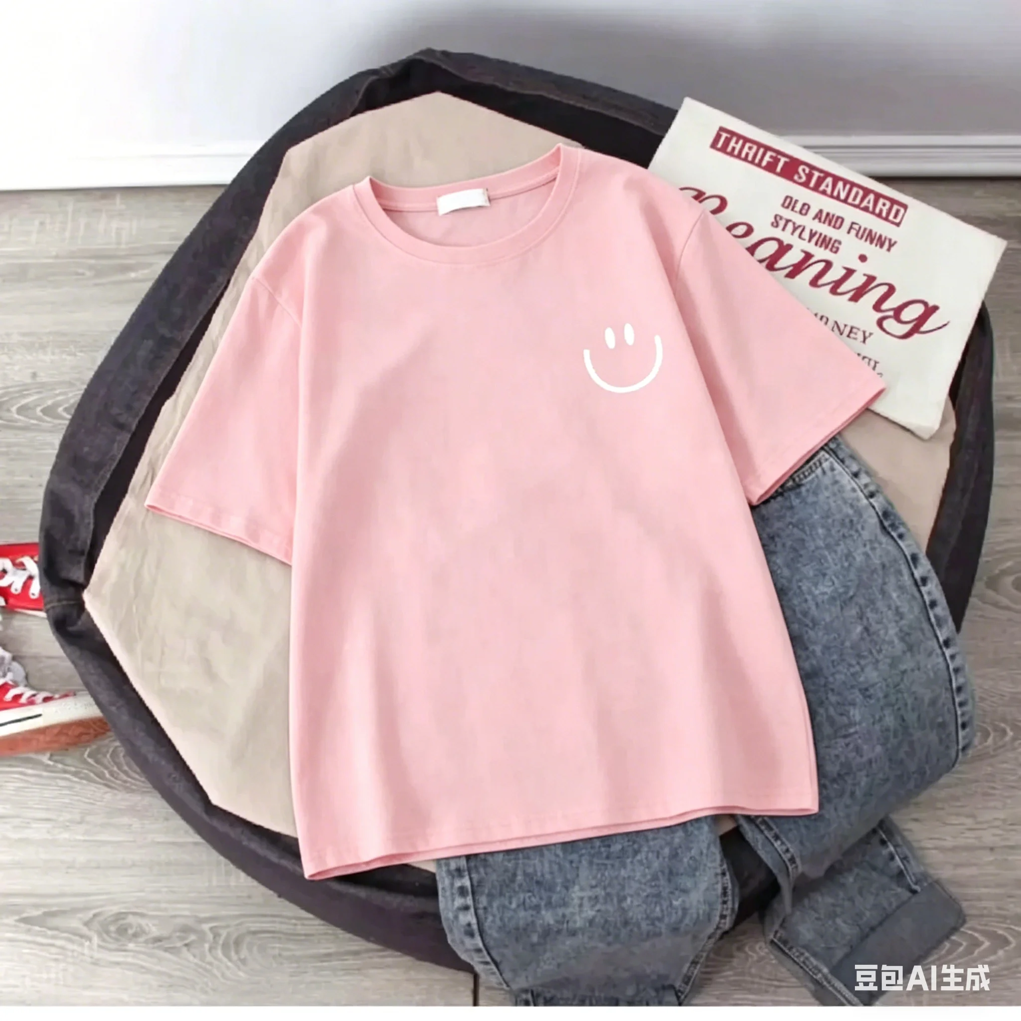 Sommerliches T-Shirt mit lächelndem Gesicht für Kinder, kurzärmelig, aus reiner Baumwolle, locker sitzend, vielseitig, einfach, cool, für Mädchen – Detail 3