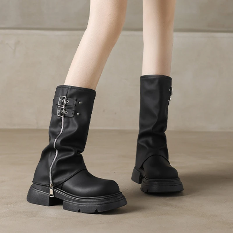 Fashion Match Shorts,Black Side Metal Zipper with Buckle Strap Thick-Soled Round-Toe Fashionable Women's Mid-Calf Boots