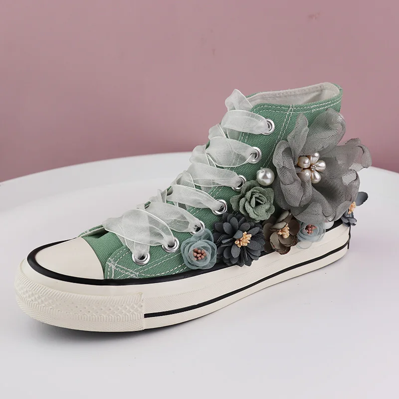 High Top Flower Women Canvas Shoes Beading Lady Shoes Autumn Korean Casual Sneakers