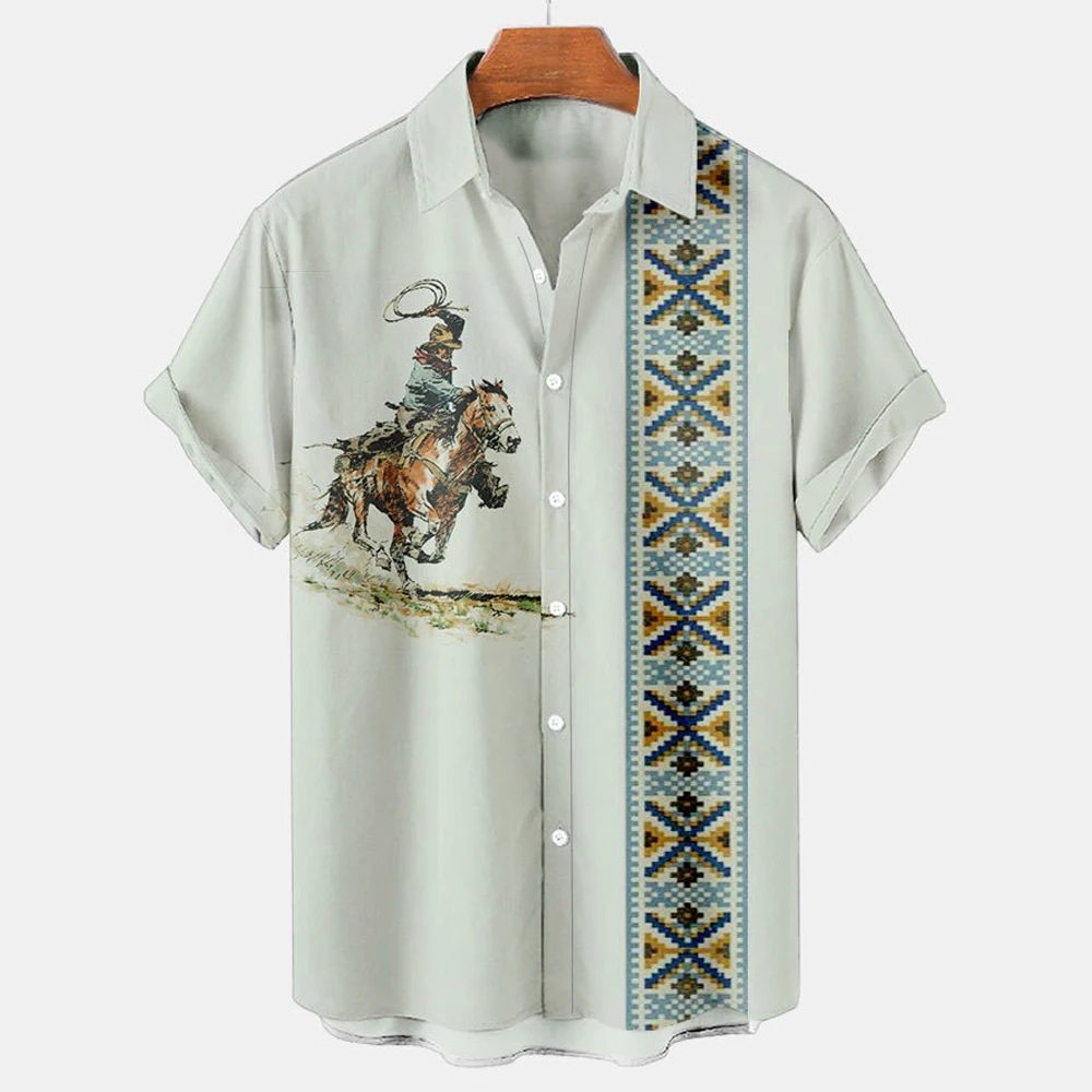 2023 Summer Cowboy Shirt For Men Vintage Ethnic Hawaiian 3D Print Clothes Casual Simple Short Sleeve Lapel Button Streetwear