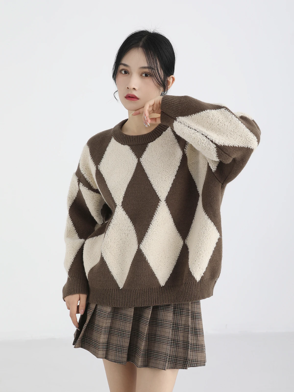 

Корейский свитер с ленивым ромбовидным узором Thi, свободный женский осенне-зимний вязаный топ в стиле ретро, прямая трубка, длинный све