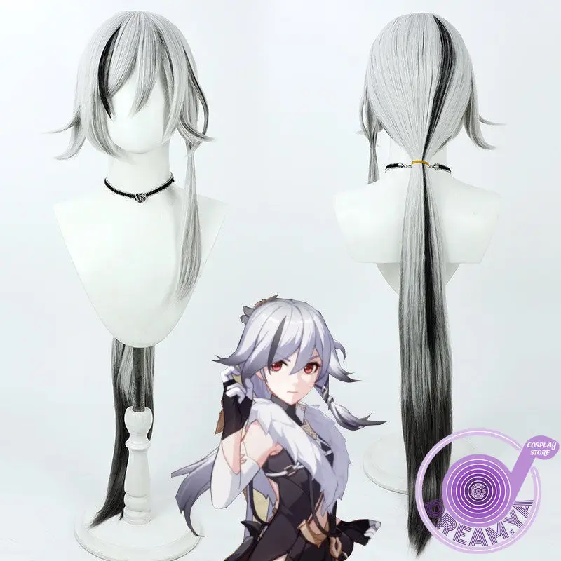 Fuhua Cosplay Wig Honkai Impact Gray Black 100cm Heat Resistant Synthetic Hair Halloween Party Role Play Carnival + Free Wig Cap