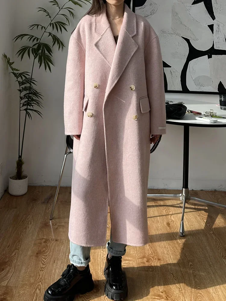 

RosEvans Women Thick Double-sided Wool Alpaca Coat Loose Medium Long New Soft Warm Double Breasted Woolen Coats Autumn Winter