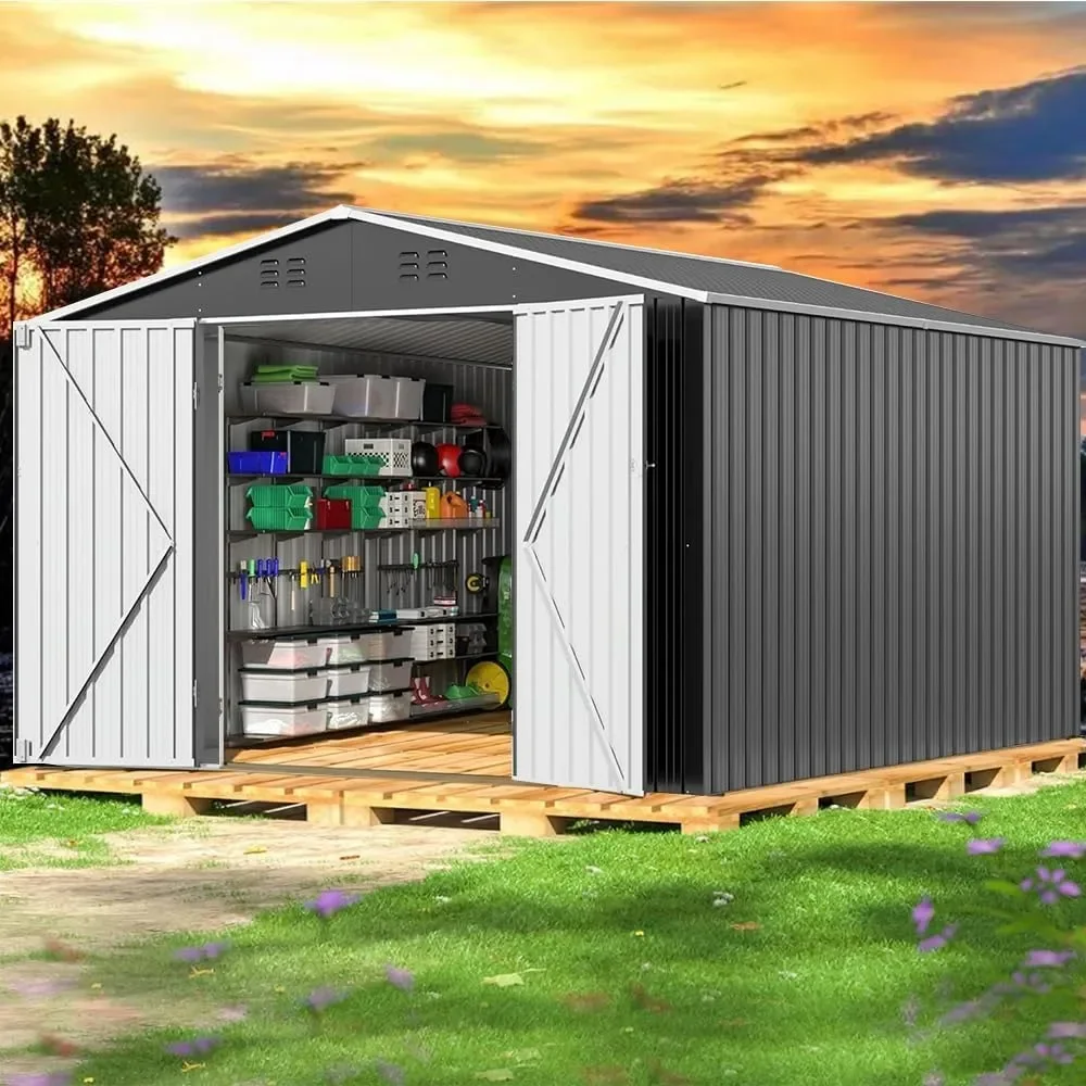 

10ftx12ft Large Shed,Outdoor Storage Sheds,Metal Garden Sheds w/ Lockable Door,Waterproof Garden Shed Utility Tool Storage Room