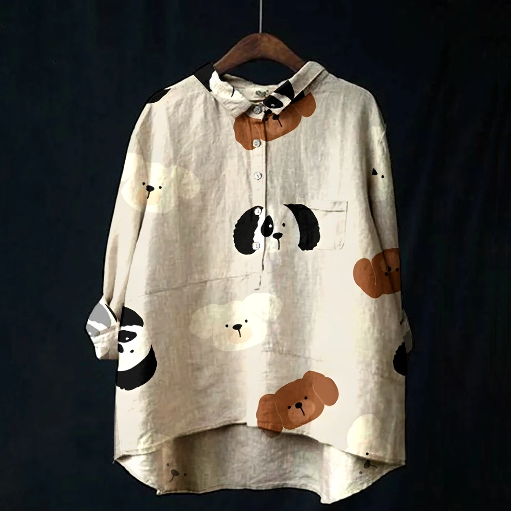 

Adorable Cartoon Dog Casual Milky White Shirt Trendy Dog Lover's Casual Outfi Comfy Cute Cartoon Puppy Patterned Long Sleeve Top