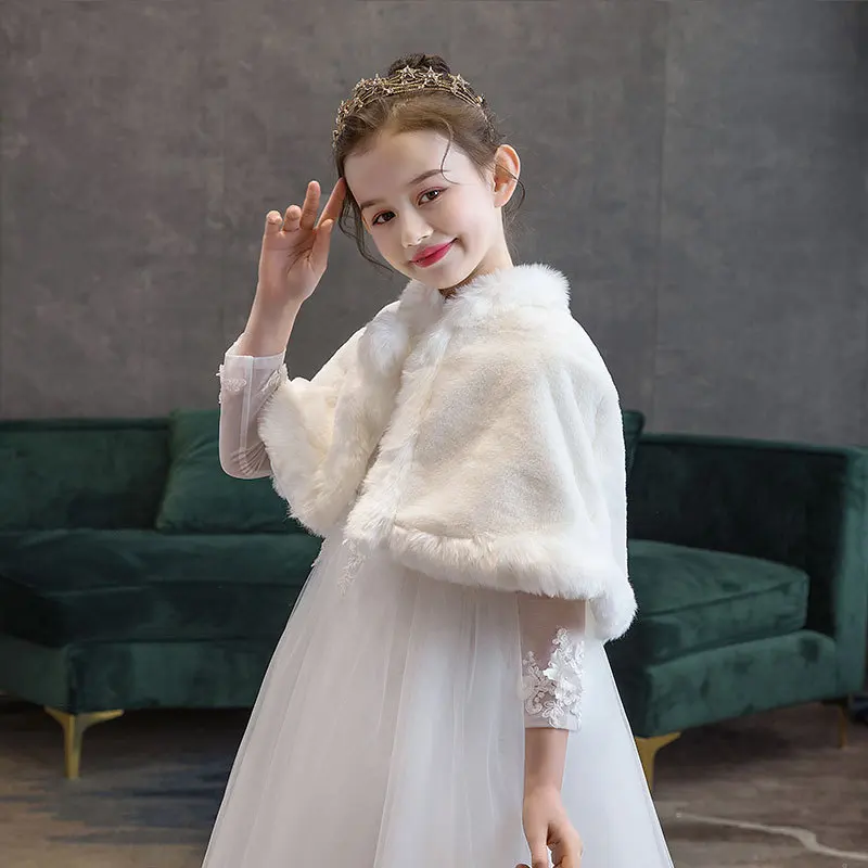 Winter Flower Girls Warm White Bolero Princess Jacket Children Soft Faux Fur Wraps Shawls For Wedding Accessories Coat 2-12T