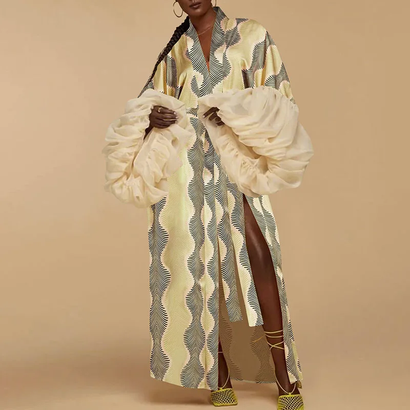 Spring Autumn New Women's Coats Fashion Irregular Lantern Sleeve Loose Cardigans Elegant Pattern Printed Beach Cover-up Outwear