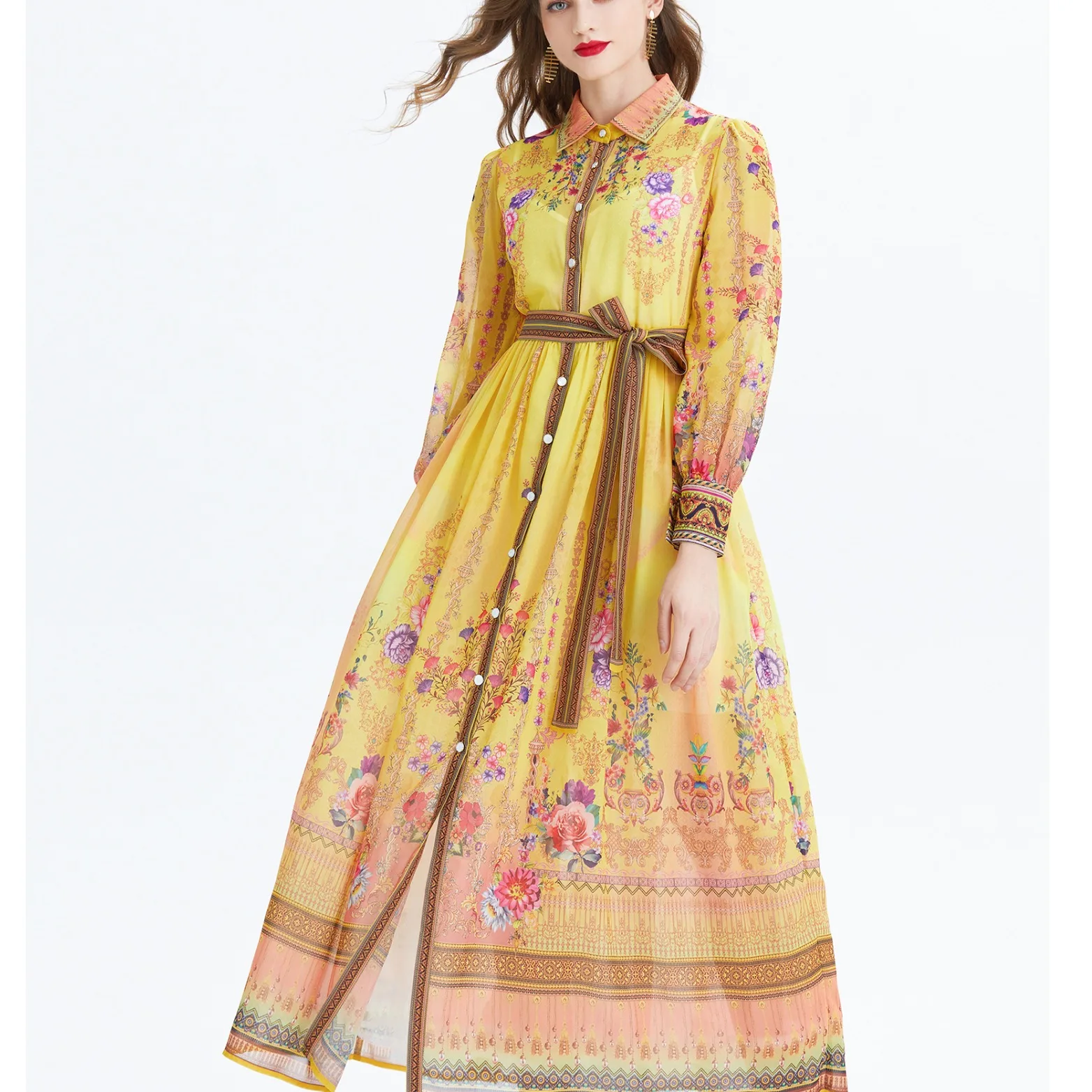 Original Design 2024 Court Sle Long Sve Midi Dr Two Piece Set Printed Chiffon Waist Cinched Maxi Skirt  Knot