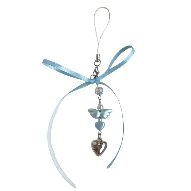 A52E Charm-Handykette in Herzform aus Silber, verziert mit Engelsflügel und Band – Detail 9