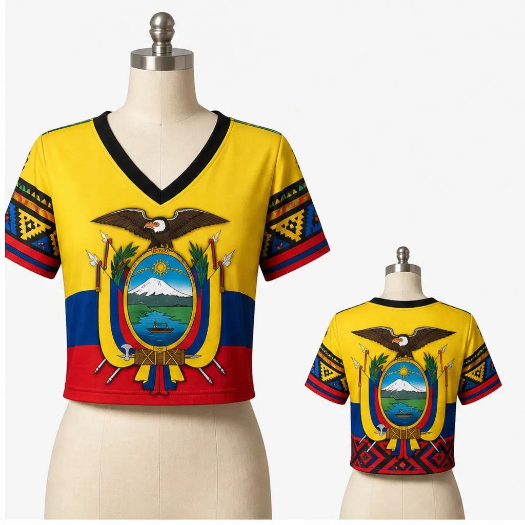 Womens Ecuador V Neck Short Sleeve Crop Top Eagle Crest Tribal Sleeves Casual Summer Shirt for Street Travel Holiday Daily Looks