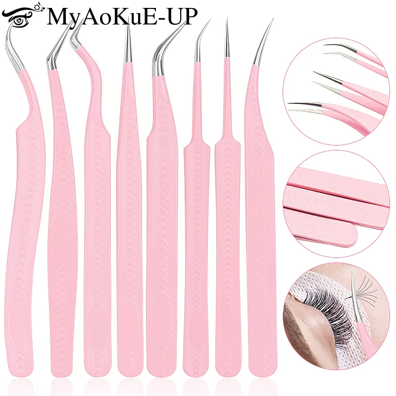 1pcs Pink Stainless Steel Eyelash Extension Tweezers Professional Eyebrow Clip Ice Flower Wood Grain Lash Tweezers Makeup Tools