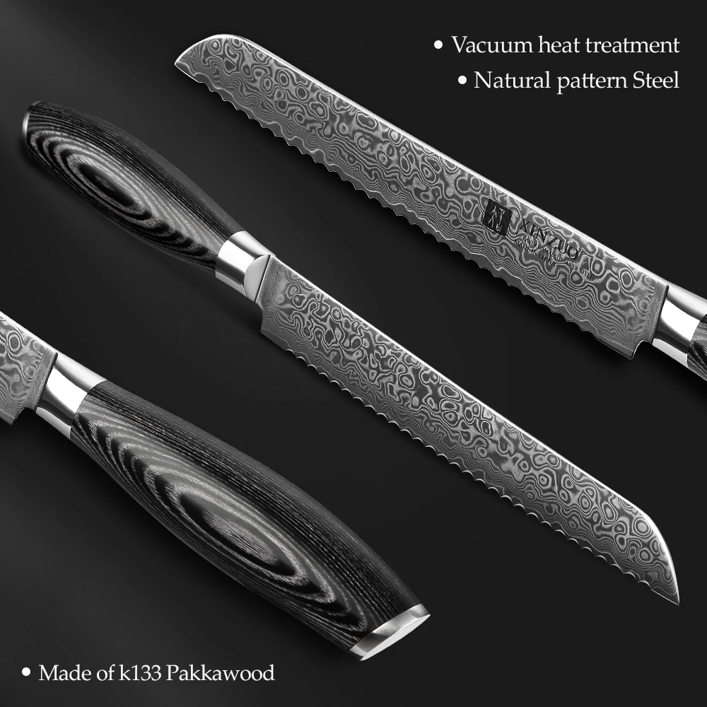 XINZUO 8 Inch Damascus Bread Knife 67-Layer Steel 30° Gear Edge Pakkawood Handle 60±2 HRC Polished Finish Lightweigh Anti Rust