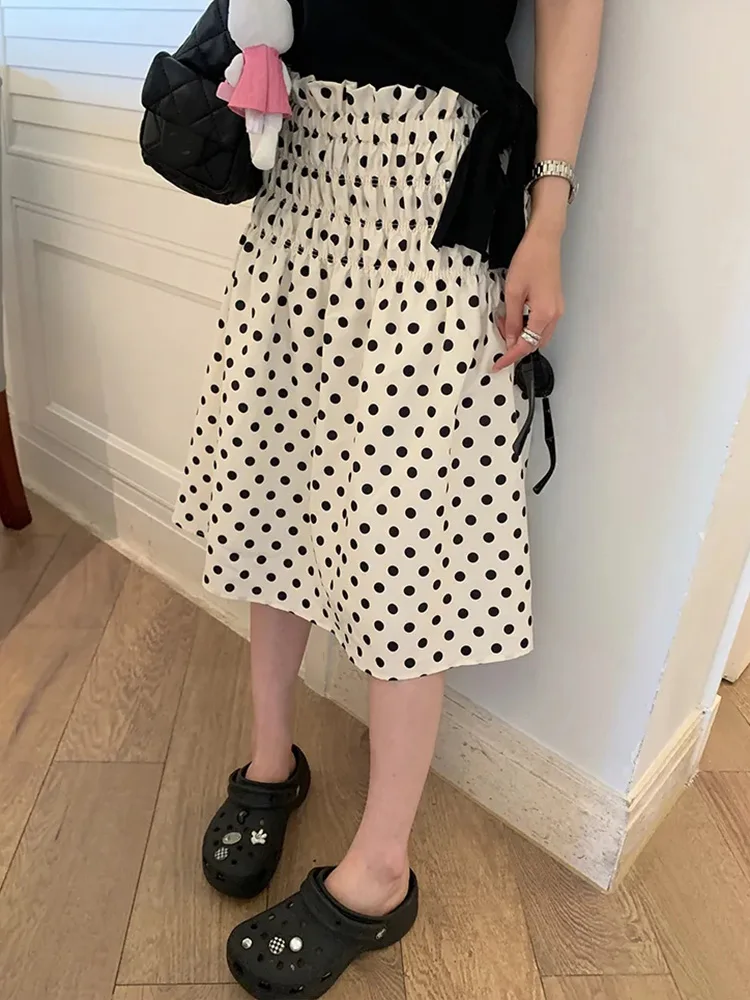 Fashion Sweet Dot Midi Skirt Women Korean Casual High Waist Elegant A Line Skirts Summer Chic Slim Female Preppy Style Skirt New