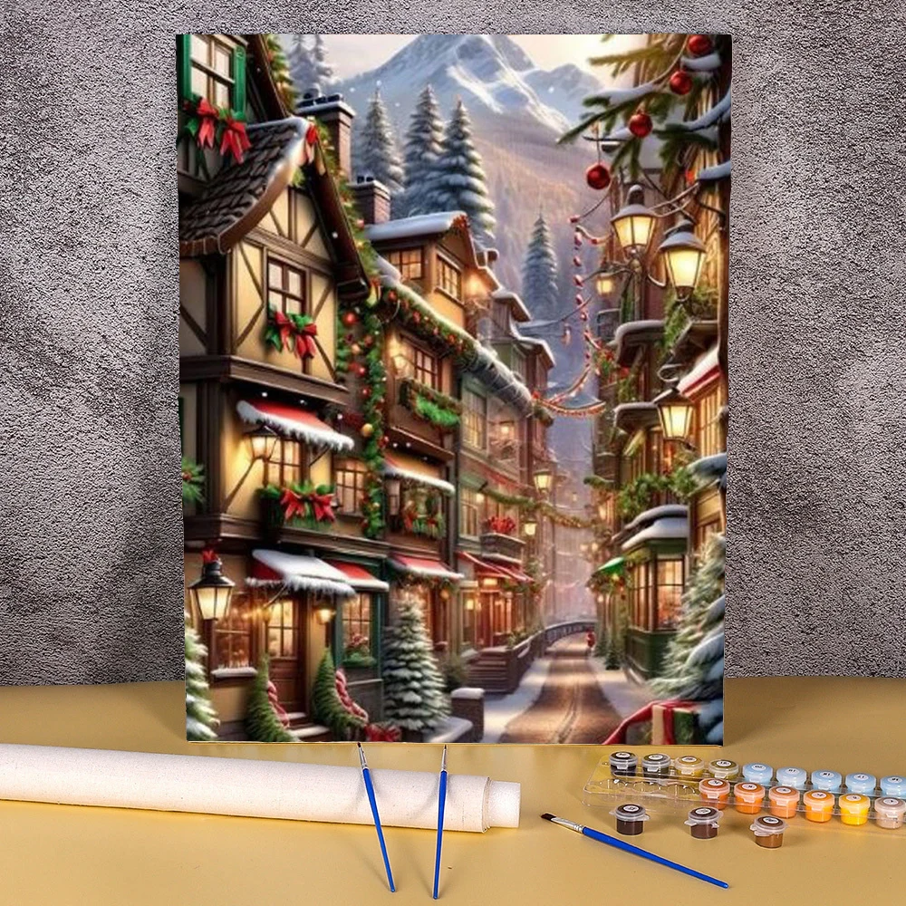 

Christmas Paint By Numbers Digital Art Snow Town Landscape Canvas Painting By Numbers Coloring By Number Acrylic Paint Package