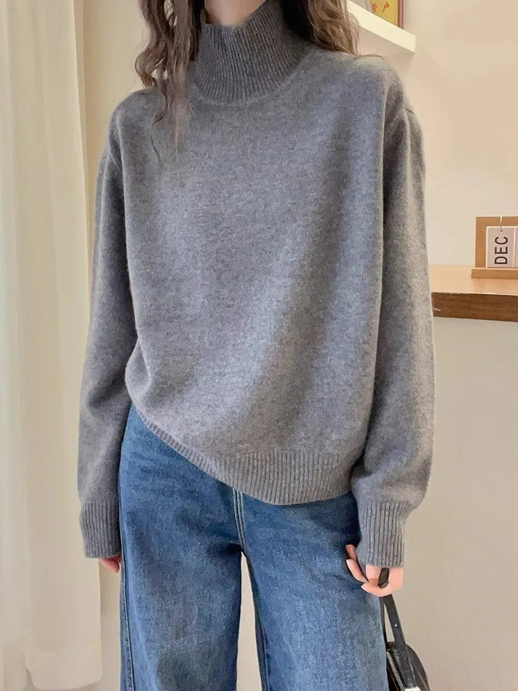 

Retro Color High Collar Knitwear Loose Long Sve Casual Overhead Faionable European Design Top Women's Sweater