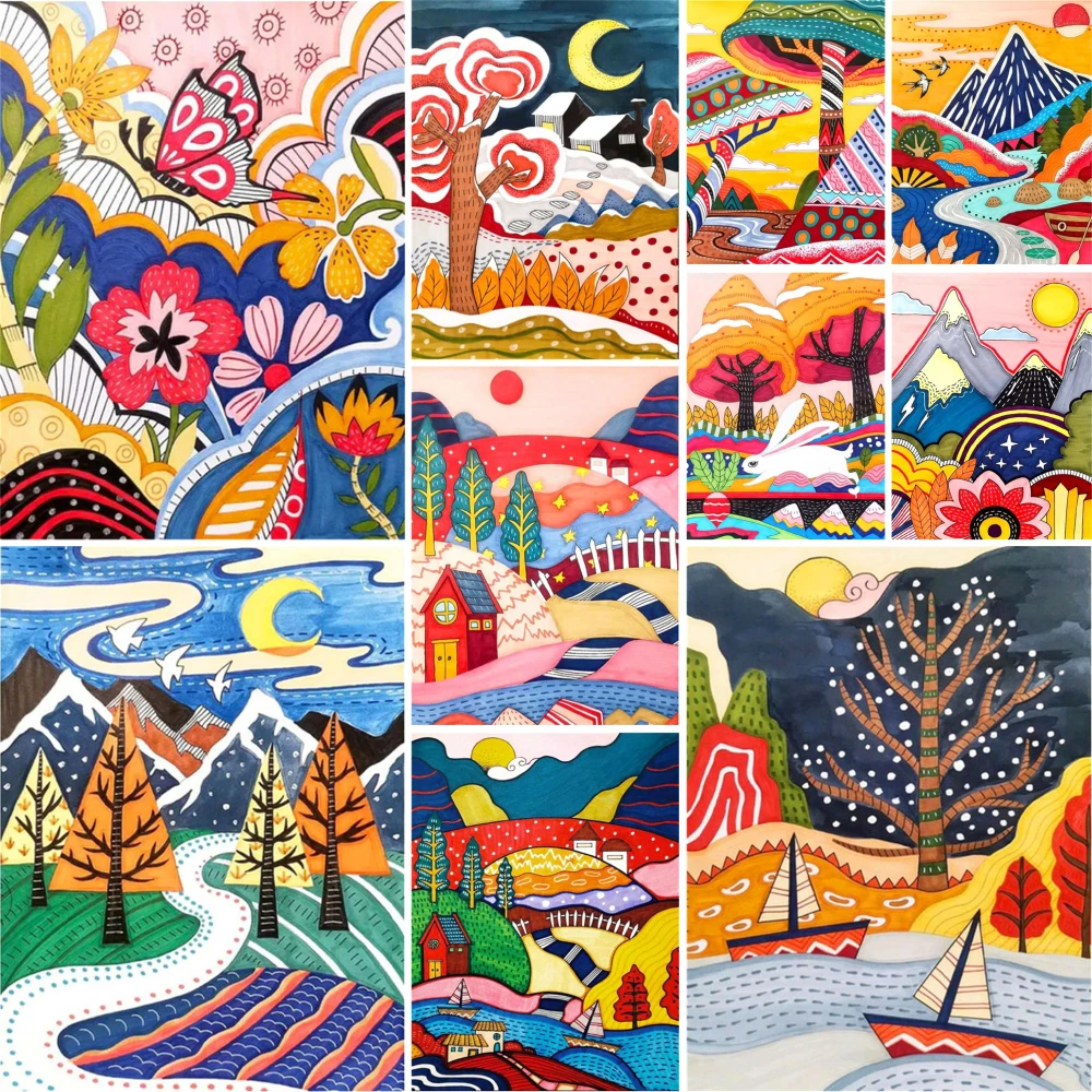 

Cartoon Nature Colorful Landscape Cross Stitch DIY Embroidery Patterns Sewing Knitting Handiwork Needlework Counted Sales Magic