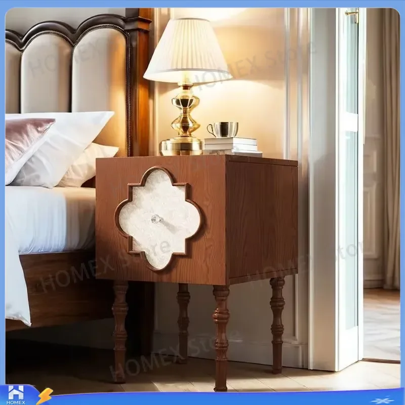Luxury Ash Wood Bedside Table Antique Four Leaf Clover Design Artistic Nightstand Bedroom Sofa Side Cabinet End Table Storage