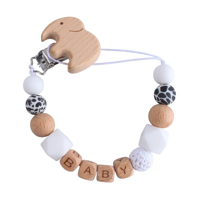 

Personalized Name Baby Pacifier Clips Elephant Wood Dummy Nipples Holder Clip Chain Teething Toys Infant Feeding Accessories