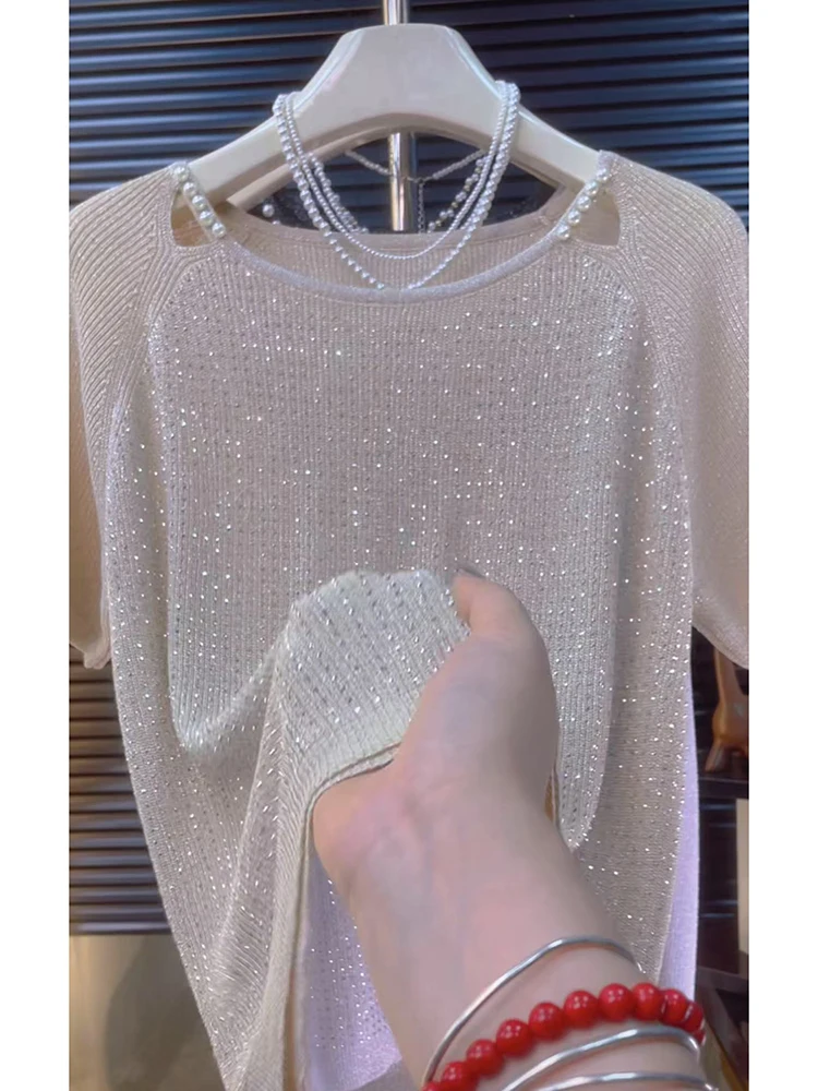 

2025 Summer Design Knitted ort Sve Diamond Embellied Base irt Women's Versatile Faionable Ele Faionable Top