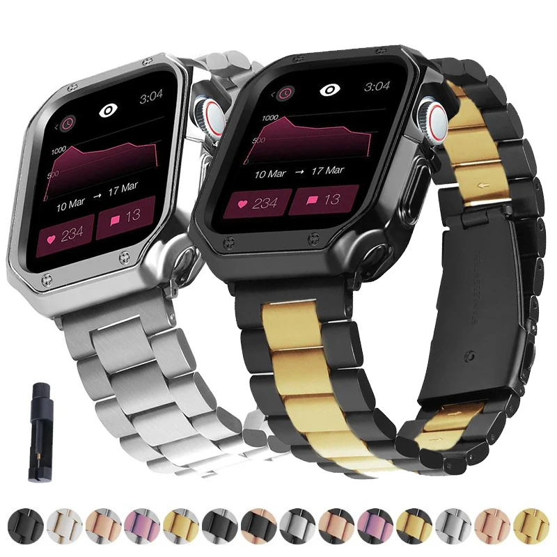 

2in1 TPU Cover for Apple Watch Ultra 49mm Stainless Steel Band+Case Series 9 8 7 6 SE 5 41mm 45mm 40mm 44mm 38mm 42mm Bracelet