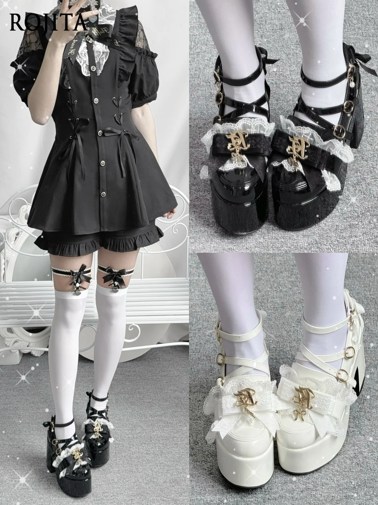 

White Lace Patchwork High Heel Single Shoes Japanese Style Platform Thick Sole Shoes Shallow Mouth Single Shoes for Women