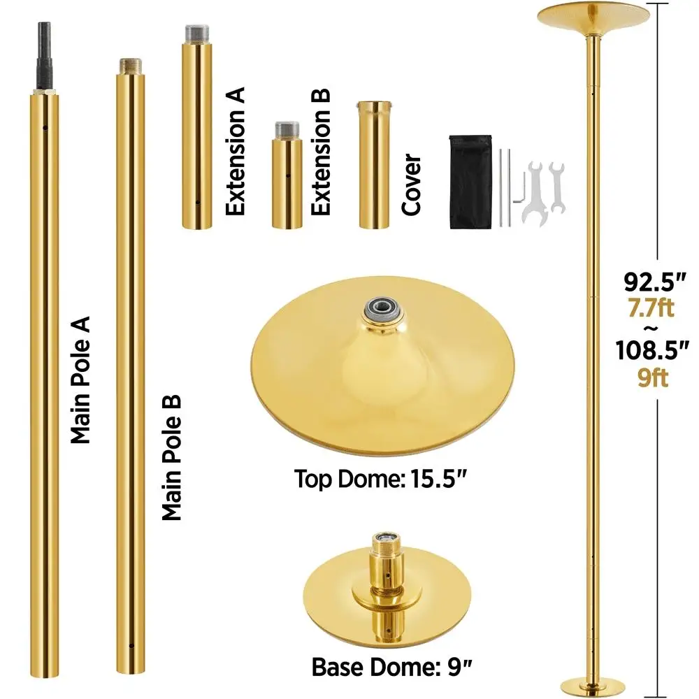 Perche de danse réglable avec leges tournantes, doré, recommandé, 7.7 '-9' H