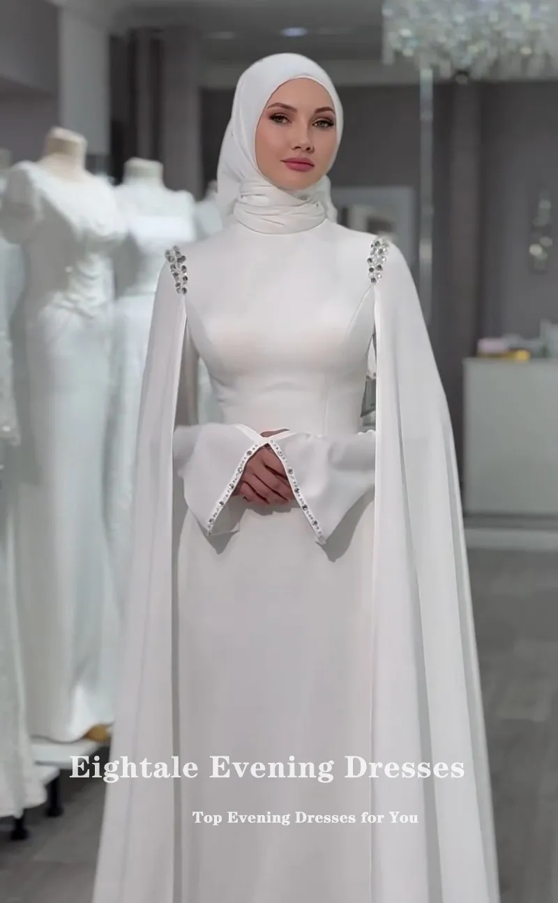 Eightale vestido de casamento árabe frisado personalizado marfim cetim mangas compridas vestido de noiva muçulmano sereia vestido de festa de noiva