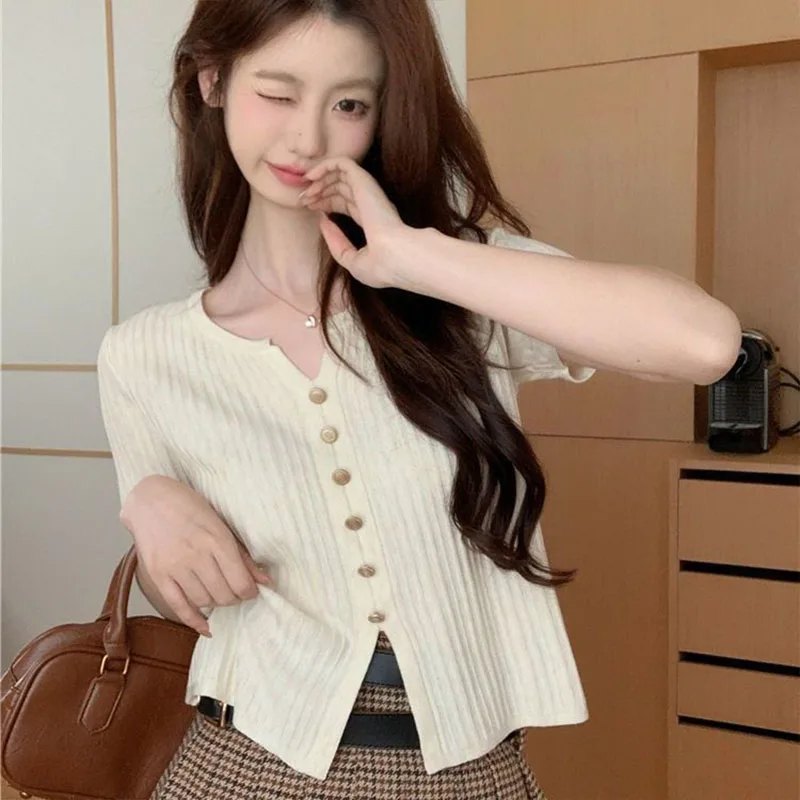 Summer Solid Vertical Grain Button Knit T-shirt Women Casual All-match Sweet Forking Top Tees Office Lady Short Sleeve Pullovers