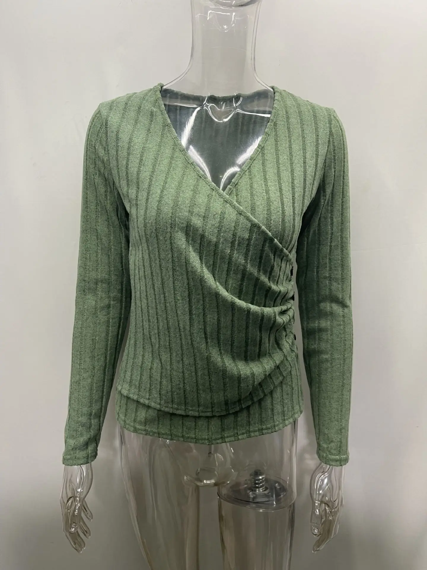 Nieuwe mode sexy lange mouw V-hals gebreid effen kleur slim fit T-shirt voor dames, 7 kleuren