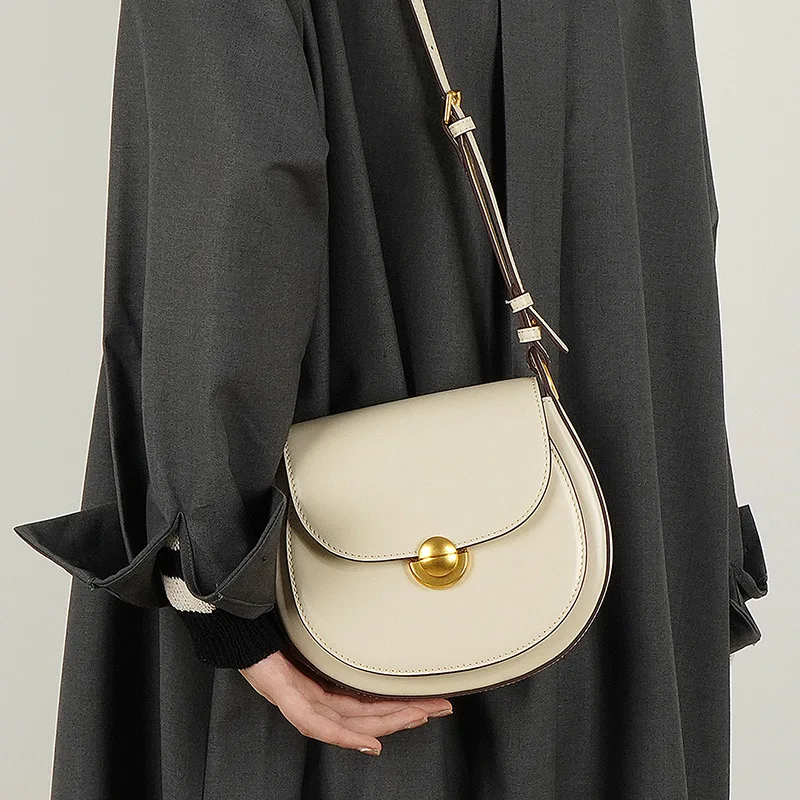  , Saddle Bag, Genuine Leather White Small Turn Lock Daily Commute 2026 New Minimalist French
