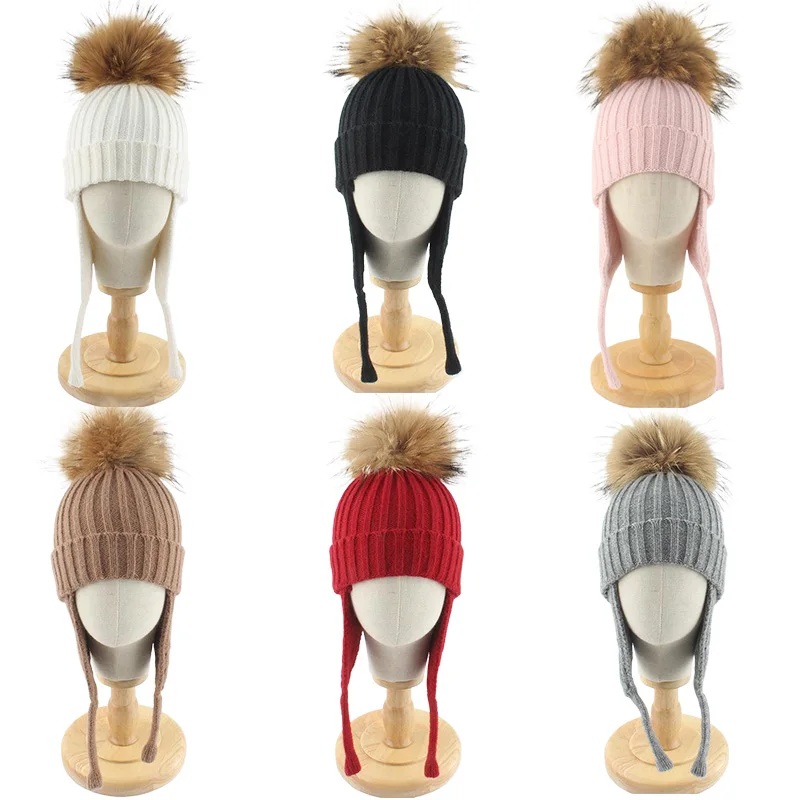

Autumn Winter Baby Hat Removable Raccoon Fur Ball Knitting Hats Ear Protection Beanie Keep Warm Boys Girls Accessory Solid Color