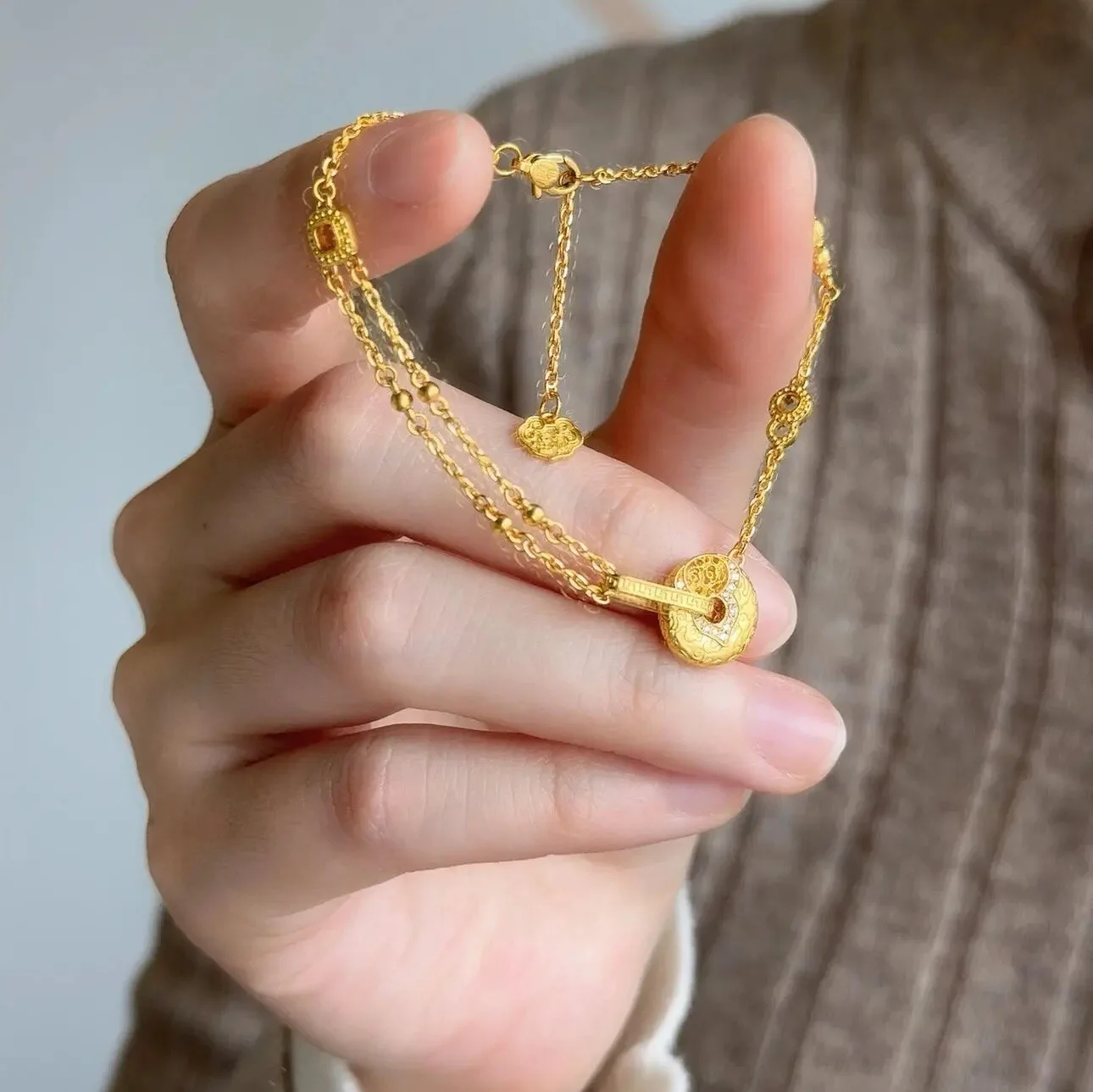 Fylia Jewelry  Fylia Jewelry   24K real gold gourd hollow safety buckle bracelet for women's retro Chinese au999 pure gold flash