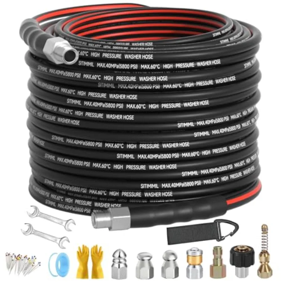 

Sewer Jetter Kit for Pressure Washer 100Feet Drain Cleaner Hose 1/4 Inch NPT NPT Corner Swivel and Push Button Nose Sewer Jet N