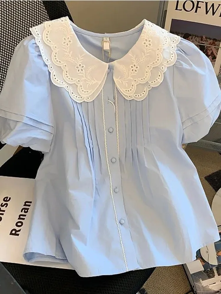 Jmprs carino casual camicia blu donna dolce colletto alla Peter Pan camicetta coreana estate manica gonfia femminile vintage slim tutti abbinati top
