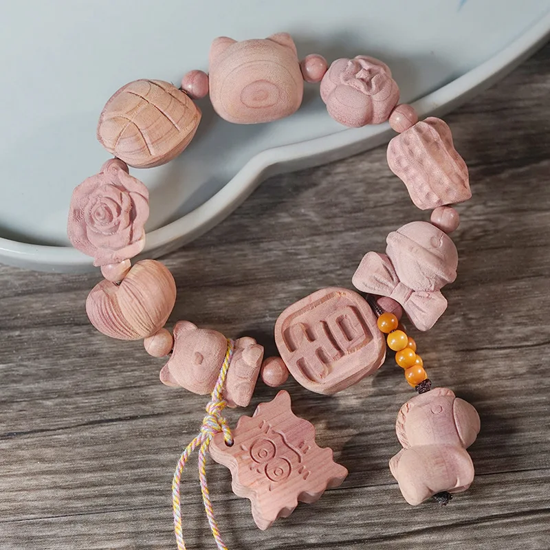 

Natural Blood Cypress Carved Good Fortune Bracelet Hand Woven Heart Design Cultural Play Jewelry