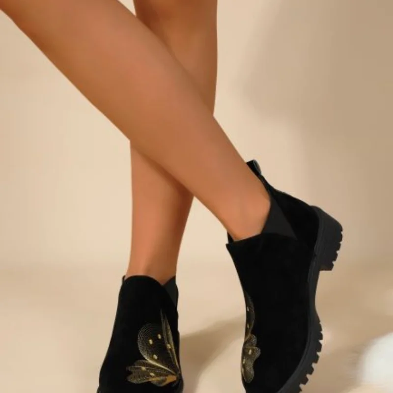Zapatos cómodos de ante con punta redonda para mujer, botas de tacón grueso de tubo medio, talla grande, para primavera y otoño, 2024
