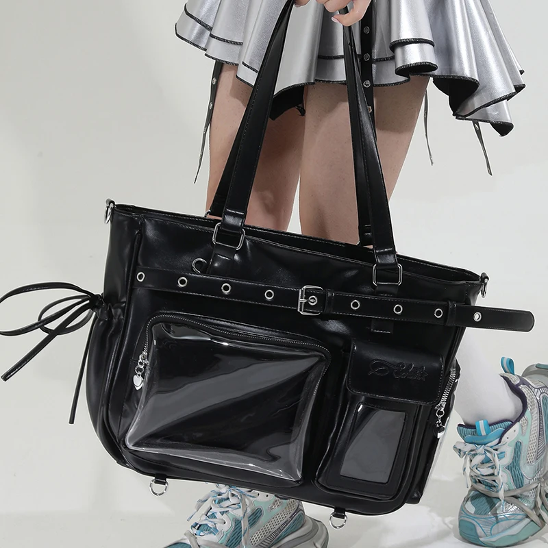 

Multifunctional Transparent Pocket Tote Bag Large Capacity Pu Leather Shoulder Backpack Casual Multiple Compartments For Student