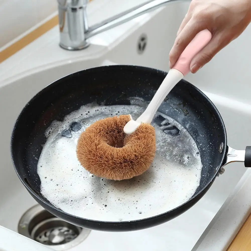 Dishwashing Brush Non-Sticky Strong Decontamination Long Handle Kitchen Coconut Fiber Scrub Brush Pot Brush for Restaurant