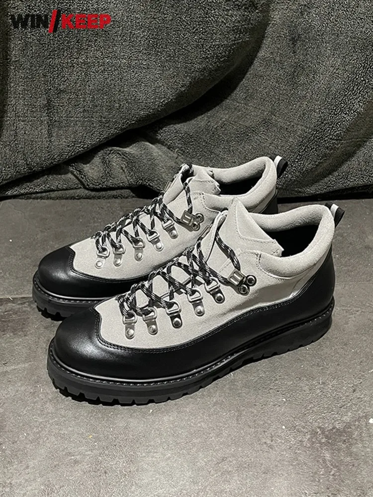 

New Outdoor Hiking Shoes Men Cow Suede Leather Lace Up Low Cut Antiskid Camping Shoes Round Toe Spliced Sport Trekking Sneakers