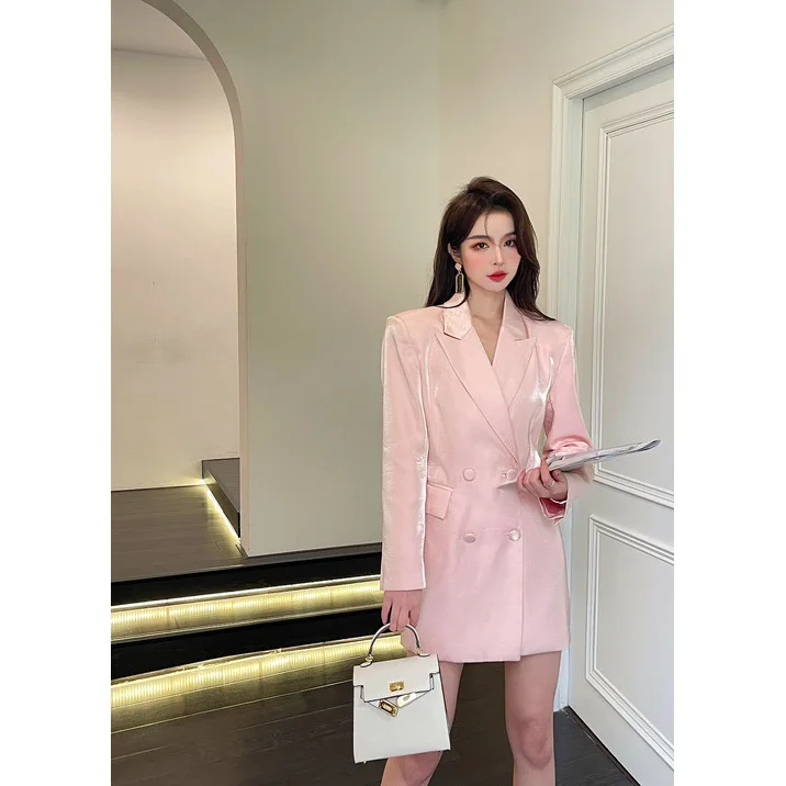 여성용 블레이저 코트 홀리데이 솔리드 컬러 슬리브 버튼 이브닝 뷰티블루 그라데이션 버튼 플로킹 플래터링 엘라스틱