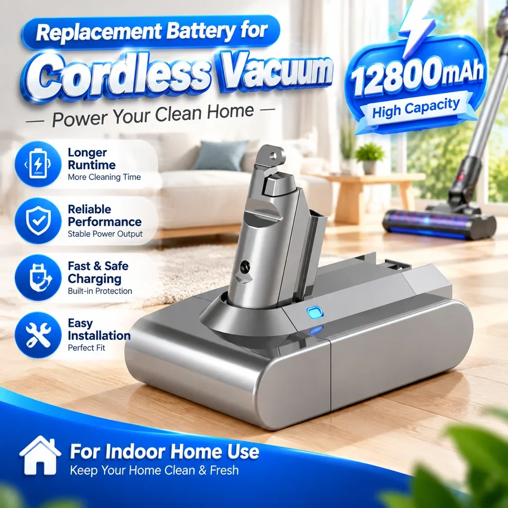 Batterie de remplacement de 12 800 mAh, compatible avec l’aspirateur sans fil Dyson V6, batterie rechargeable à haute capacité, facile à installer, longue durée de vie.