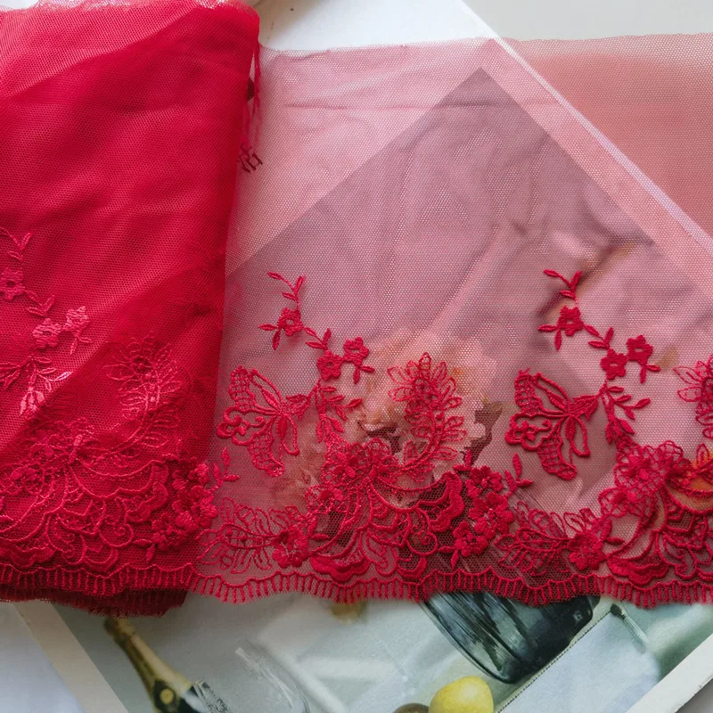 16Yards Red Pink Embroidery Lace Trim Skirt Hem Underwear Sewing Craft DIY Apparel Floral Fabric Lace Lingerie