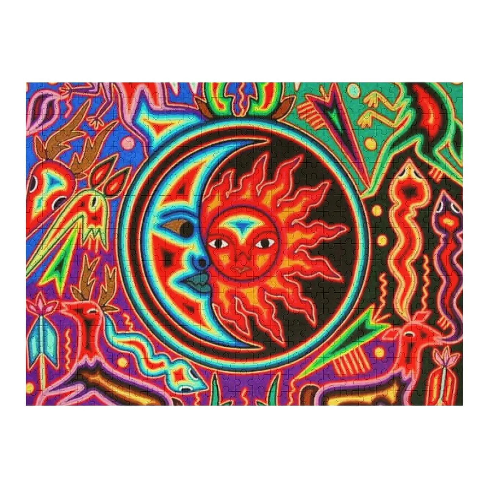 

Мексиканское Солнце Полумесяц Красочный Хуичол | Мексиканский дизайн одеяла | Большой уютный королевский размер | Винтажное народное искусство - Пазл