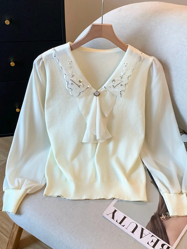 

Французский вязаный свитер с V-образным вырезом, расшитый бисером, с длинными рукавами, облегающий, базовый топ для прогулок