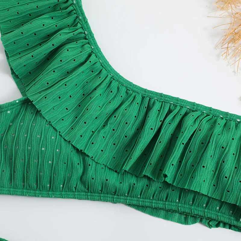 Eine Schulter Rüschen Bikini Set 2025, Frauen Feste Badeanzug Hohe Taille Sexy Bademode Weibliche Bade Schwimmen Anzug Bademode Sommer