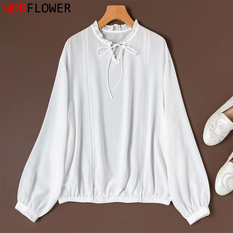 

Романтичная женская шелковая блузка из 100% тутового шелка-крепа, однотонная белая, с длинным рукавом, с бантом на горловине, повседневный топ-рубашка, пуловер M1574