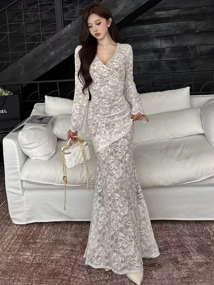 2025 Black Lace Jacquard Long Sleeve V-Neck Maxi Dress Women Vintage Hepburn Luxury Gown Autumn Winter Korean Bodycon Prom Dress