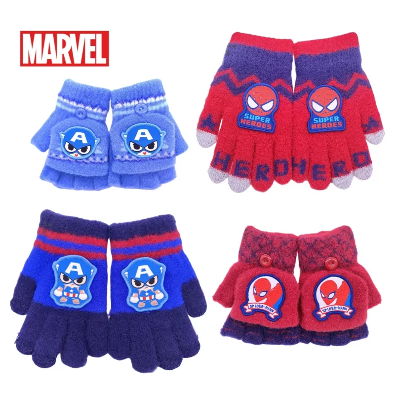 Marvel Captain America Spider-Man Cartoon Children's Winter Warm Windproof Flip Touch Screen Five-Finger Gloves Christmas Gift